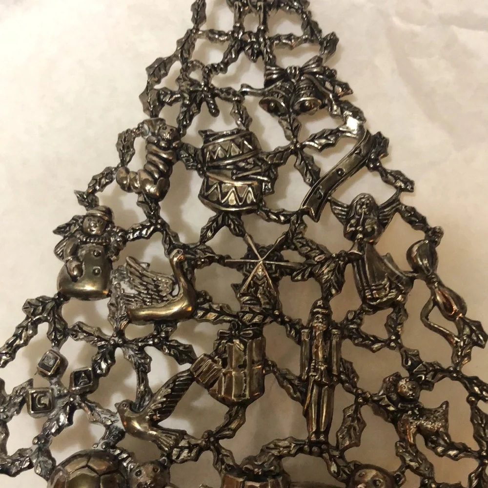 Vintage Silver Plate Christmas Tree Candle Holder Ornaments/Presents 10”x6.5”